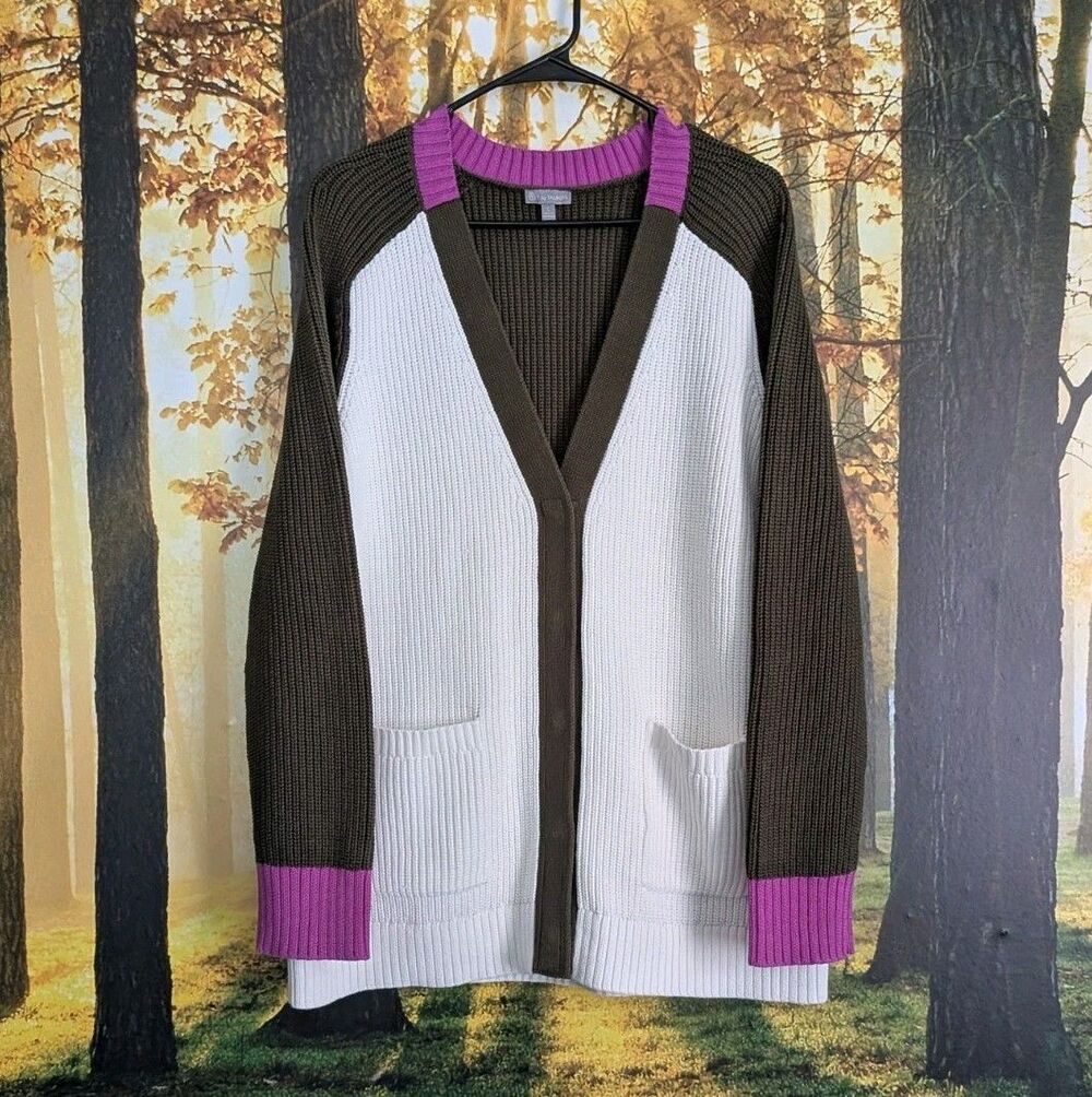T By Talbots Color Block Sweater Cardigan Green Purple Women's L Colorful Snaps
